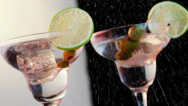 Spray starting between two cocktail glasses, droplets forming streaks, showing split tone contrast