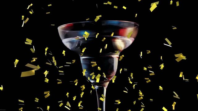 Off-frame confetti falling, martini glass, camera rising, olives rotating, lights showing reveal