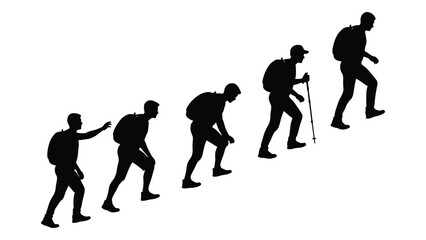 Hikers uphill progression silhouettes isolated on white background, Vector