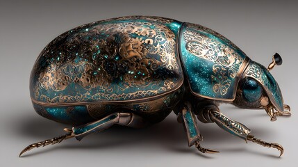Ornate mechanical insect sculpture displays intricate teal and bronze filigree patterns