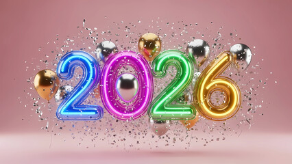 Welcome 2026 with celebratory neon numbers and confetti. Perfect for party invites, social media posts, or event promotions. Add a festive touch to your new year designs.