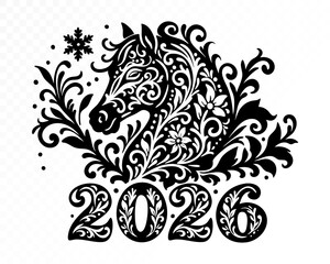 Ornamental floral horse 2026 silhouette with folk paper-cut patterns and snowflakes for New Year and Year of the Horse festive design. Vector illustration.