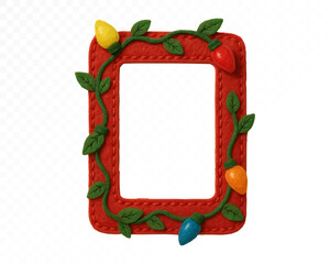 Watercolor felt Christmas frame with red stitched border, green felt leaves and colorful festive lights, soft handmade holiday decoration for cozy winter designs and creative crafts. Vector illustrati