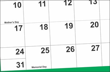 May 2026 Calendar Detail Mother's Day and Memorial Day