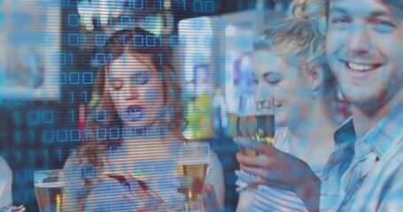 Group clinking beer glasses at bar, as tech overlay animating camera toward man smiling - Powered by Adobe