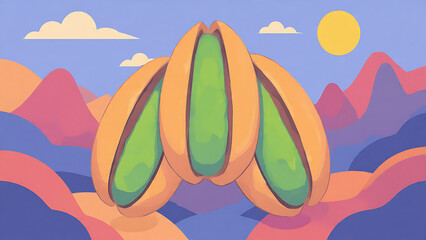 Three Fresh Pistachios in Shells &ndash; Colourful Illustration