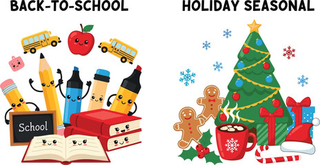 Cute cartoon back-to-school supplies and Christmas holiday elements, seasonal promotion graphics set, flat vector illustration, cad drawing flat vector illustration