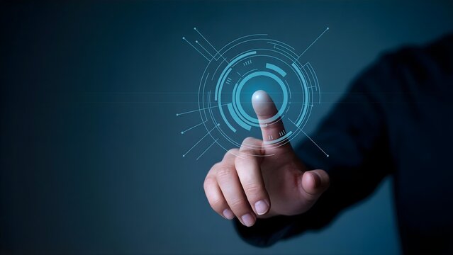 Hand touching glowing digital interface, future technology concept