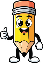 Cute Yellow Pencil Mascot Character Smiling Happily and Giving a Positive Thumbs Up Gesture, Ideal for Education, Writing, Creativity, and School Supplies Concept Vector