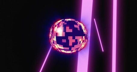 Pixelated sphere appearing center, driving neon bars sliding and rods sweeping while tiles pulsing - Powered by Adobe
