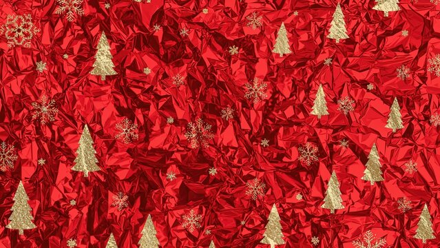Red festive background with gold Christmas trees and snowflakes, featuring crumpled paper texture and a vibrant holiday theme.