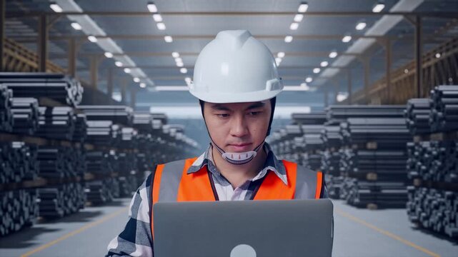 Close Up Of Asian Male Engineer With Safety Helmet Working On A Laptop While Standing at Warehouse of Rolled Steel Metal Bars, Rods or Billets