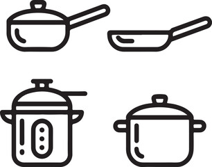 Set of kitchen utensils with cooking pots and pans isolated on white background