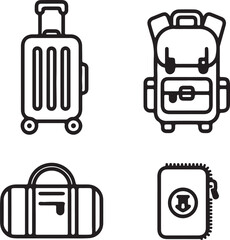 Set of transport and car icons with travel and luggage symbols in vector style