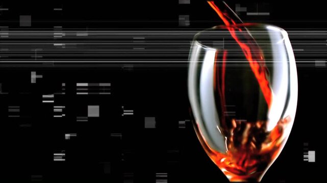 Clear wine glass right as offscreen pouring sending red stream sliding rim, splashing, filling bowl