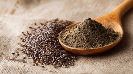 Awesome photo of flaxseed and flaxseed flour in a wooden spoon on a burlap background.