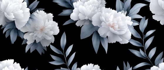 Seamless pattern of elegant white peonies and magnolia flowers with gray-blue brushstrokes on a deep indigo background
