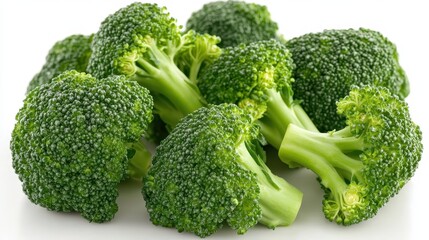 Close up of fresh green broccoli florets on white background