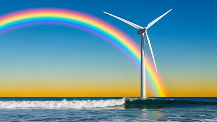 Obraz premium Experience the magic of renewable energy with a rainbow arching over a modern wind turbine on the ocean, embracing sustainable power and a bright future for the planet
