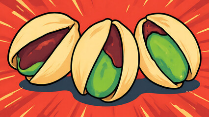 Three Fresh Pistachios in Shells -Colourful Illustration