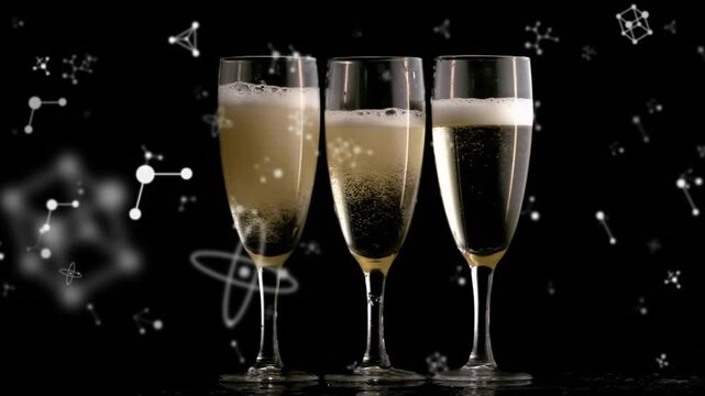 Bubbles starting, molecules drifting right, three flutes showing rising foam, evoking science theme
