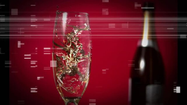 Champagne flute with bubbles, dark olive dropping, forming twisting column, glitch showing motion