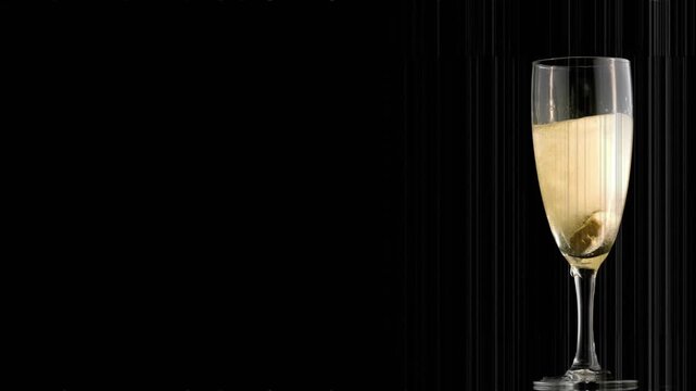 Champagne flute showing sloshing after tap, bubbles rising, scanlines crossing, settling