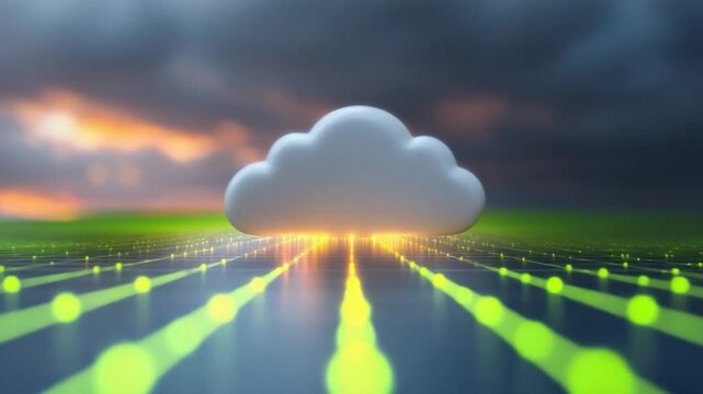 Cloud Data Flow: Visualize the seamless transfer of data through the cloud with a luminous cloud illustration above, symbolizing technology.