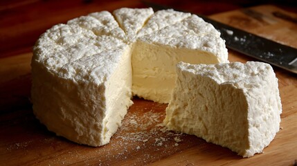 Awesome photo of fresh homemade cheese wheel with a slice cut out on a wooden board.