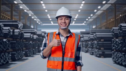 Asian Male Engineer With Safety Helmet Smiling And Showing Thumbs Up Gesture To The Camera While Standing at Warehouse of Rolled Steel Metal Bars, Rods or Billets