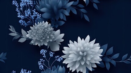 Seamless vintage watercolor pattern of white and gray flowers against a dark blue background featuring a tileable design