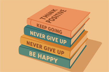 Inspirational books pile on beige background with motivational messages in flat style