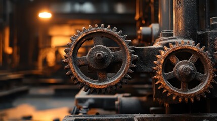 Close up of interlocking rusty metal gears frozen in place on old industrial machinery with warm blurred background