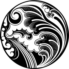 Circular black and white abstract wave pattern design