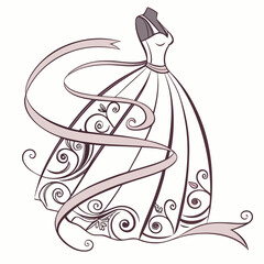 Elegant wedding dress illustration with flowing ribbon and swirls