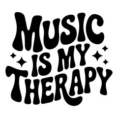Naklejka premium Music is my therapy in bold black lettering with stars on a white background design element