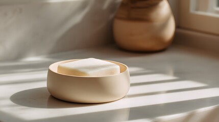 Simple solid hygiene product rests in a shallow container bathed in warm sunlight creating defined shadows.