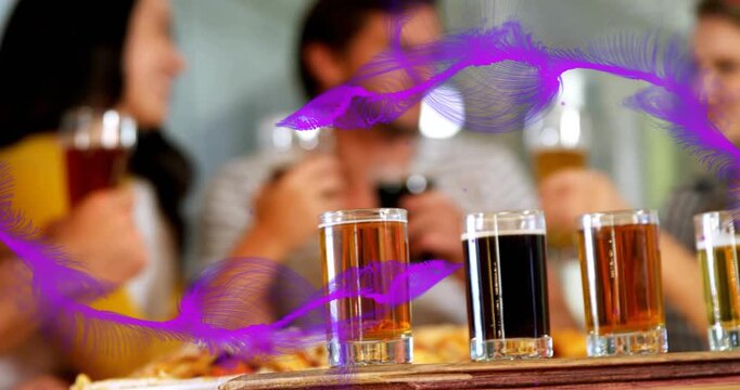 Purple shapes sweeping from edges over beer flight and pizza group raising glasses focusing for ads