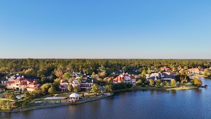 Aerial view of large mansion houses with swimming pool,  in affluent neighborhood  by Woodlands lake, Houston, Texas, expensive suburban homes surrounding by lush green trees, USA