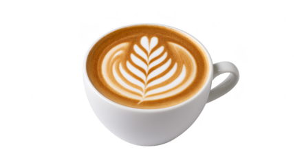 Latte art coffee cup with creamy milk foam in white ceramic mug, isolated on transparent background, showcasing elegant leaf pattern and inviting warm beverage for cafe or breakfast scene