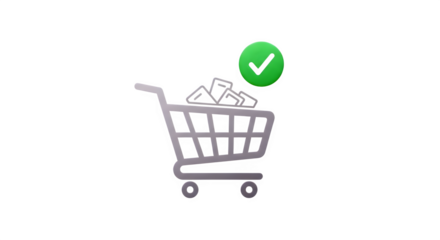 Shopping cart full of money with green check mark isolated on transparent background
