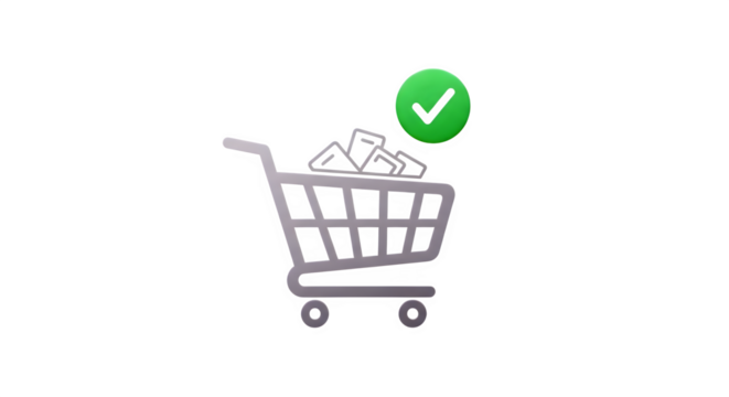 Shopping cart full of money with green check mark isolated on transparent background