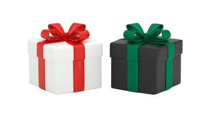 Obraz premium White gift box with red ribbon and black gift box with green ribbon, both with decorative bows, isolated on transparent background, perfect for festive, holiday, or celebration themes