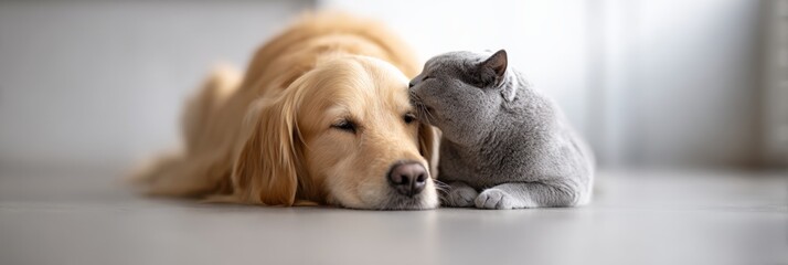 Golden retriever resting on the floor while a british shorthair nuzzles its head, a tender interspecies moment of friendship and comfort in a cozy home setting