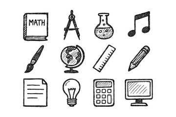 Obraz premium Hand drawn education icons set with math tools and school supplies
