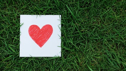 A paper with a red heart drawn on it placed on green grass.