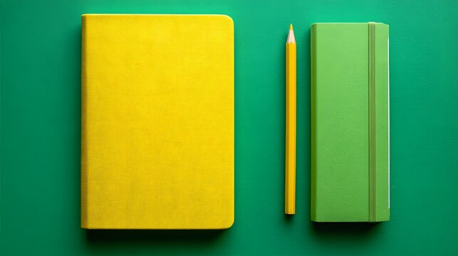 Brightly colored stationery items are neatly arranged on a solid green surface viewed from above