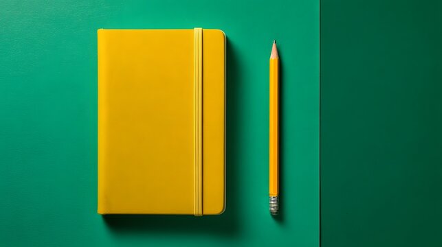 Bright yellow journal and wooden pencil are positioned vertically on contrasting green paper surfaces