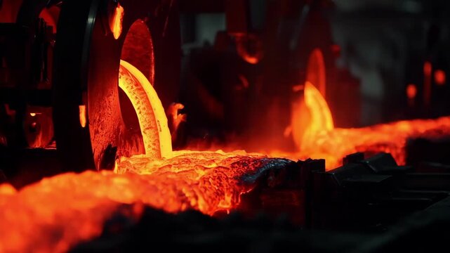 Closeup medium shot of incremental roll forging showing precise billet deformation in stages emphasizing controlled metal shaping and engineering.