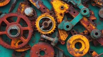 Close up of rusty discarded machinery parts with color